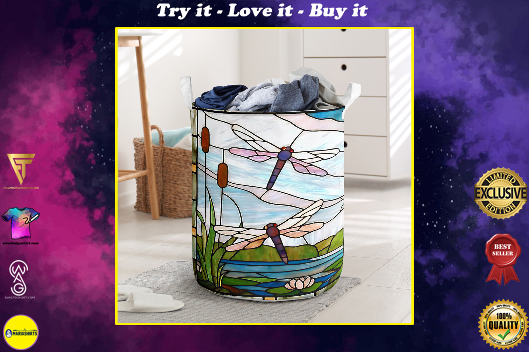 dragonfly all over printed laundry basket