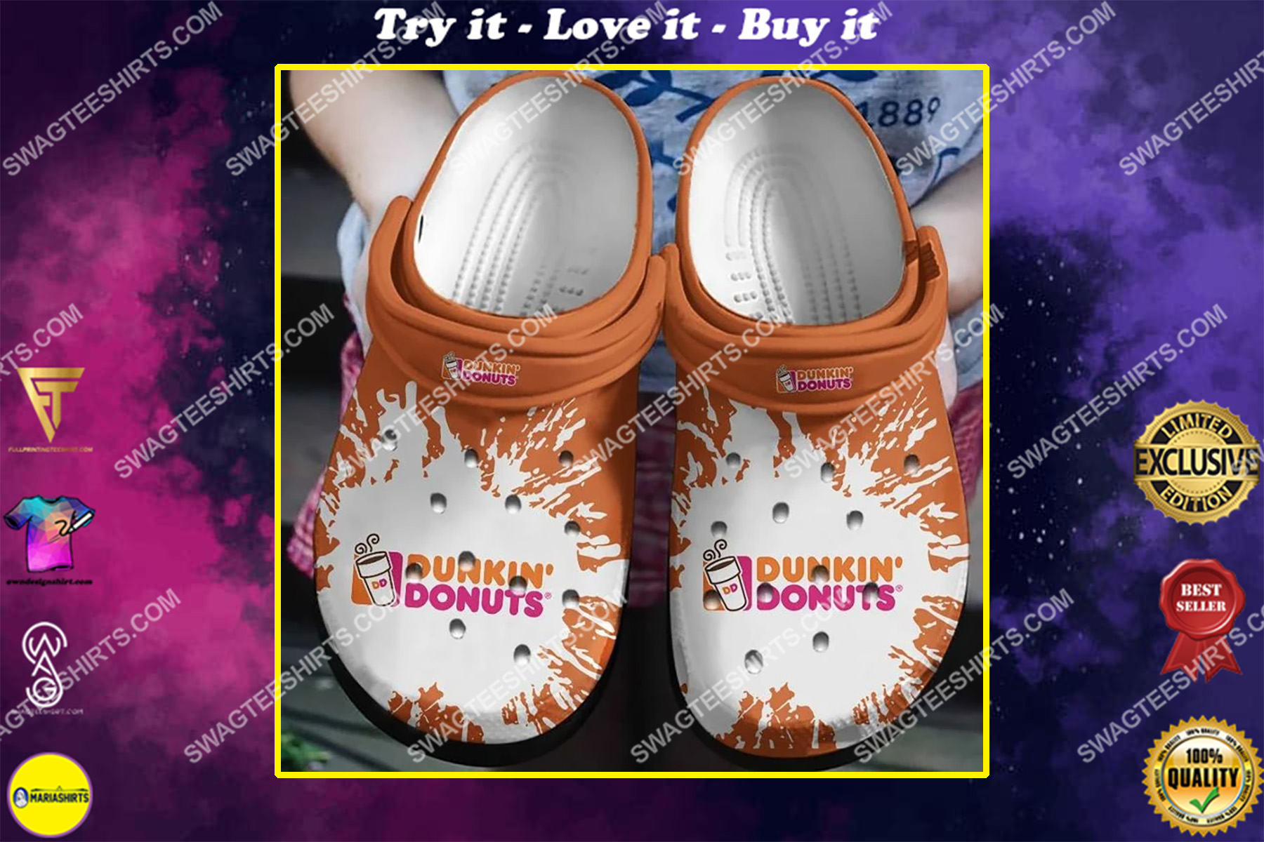 dunkin’ donuts all over printed crocs crocband clog