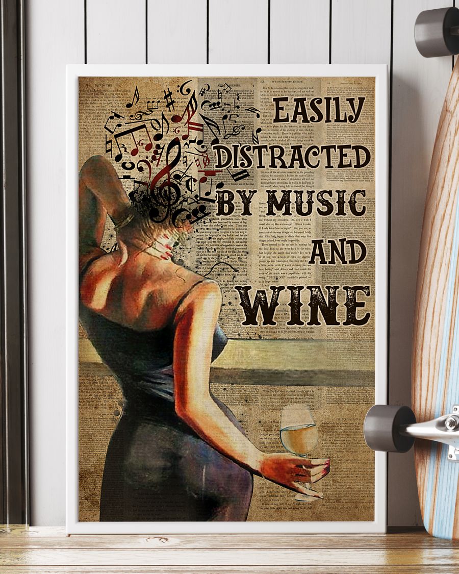 easily distracted by music and white wine book page vintage poster 2