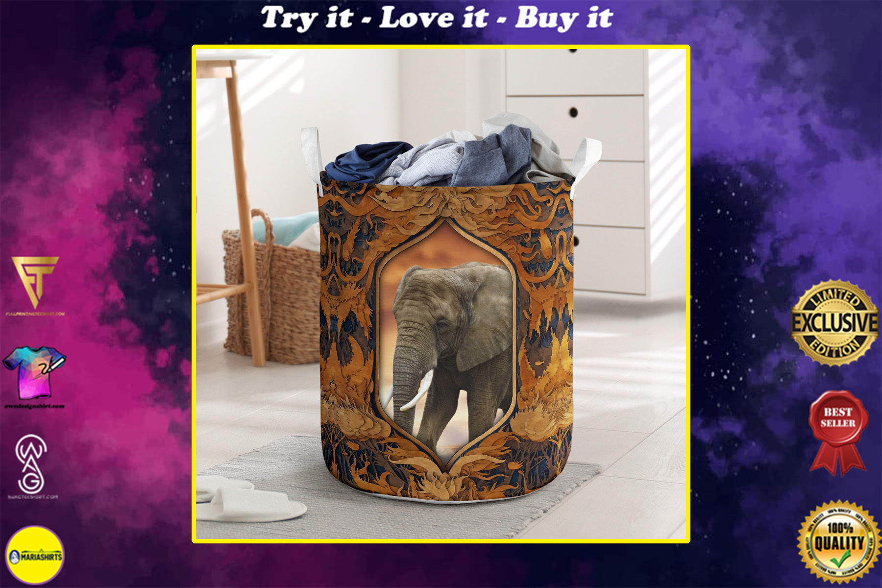 elephant all over printed laundry basket