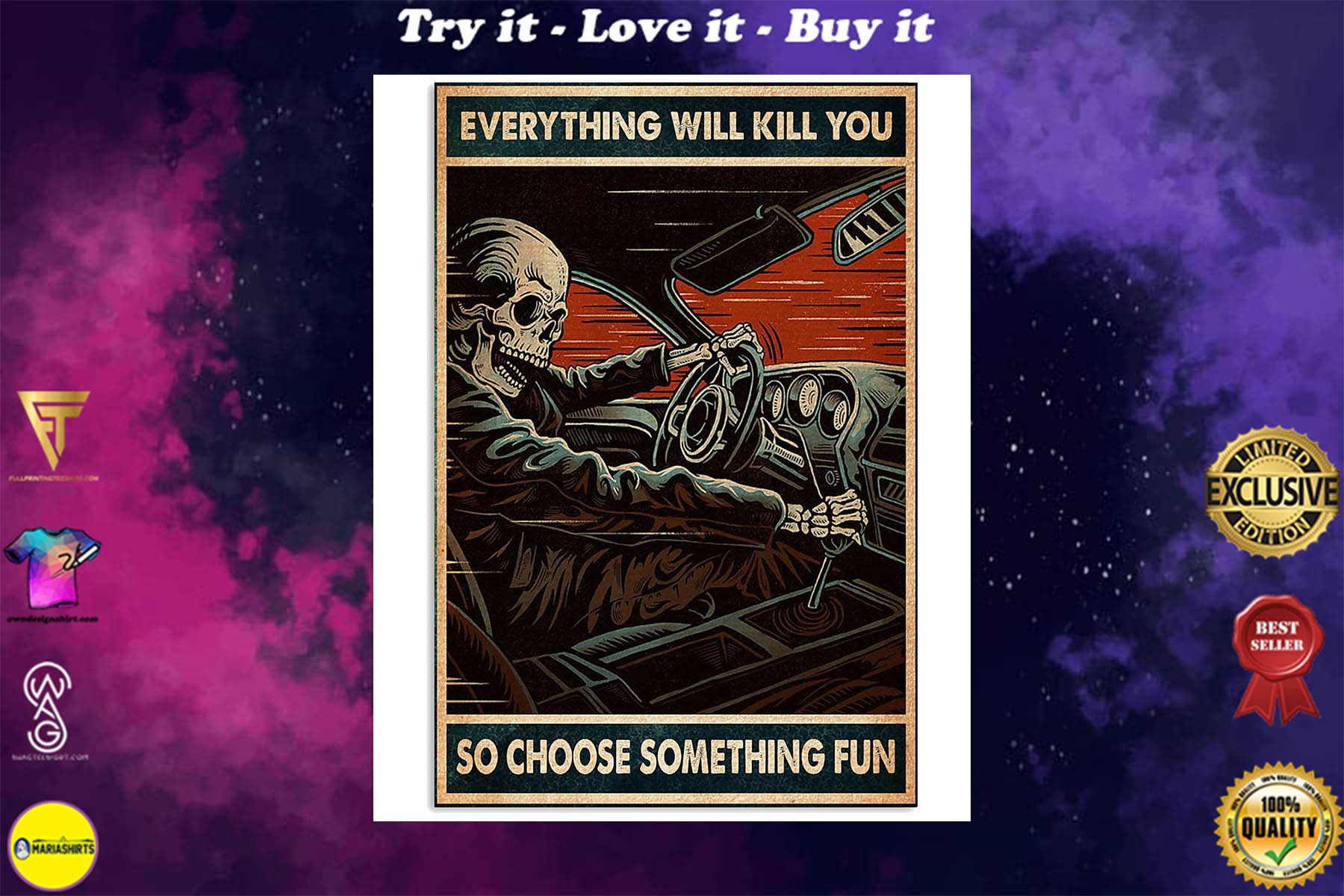 everything will kill you so choose something fun skull racing retro poster