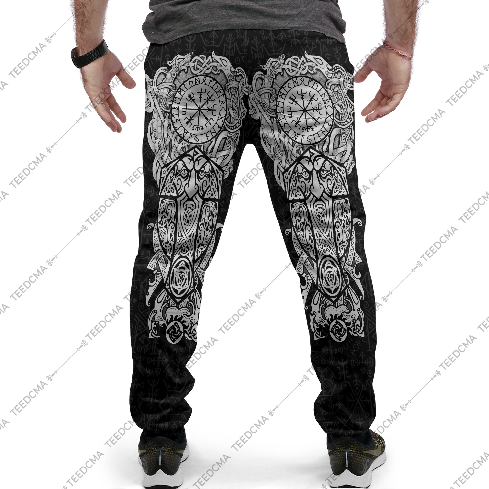 fenrir viking tattoo style all over printed long-pants - back
