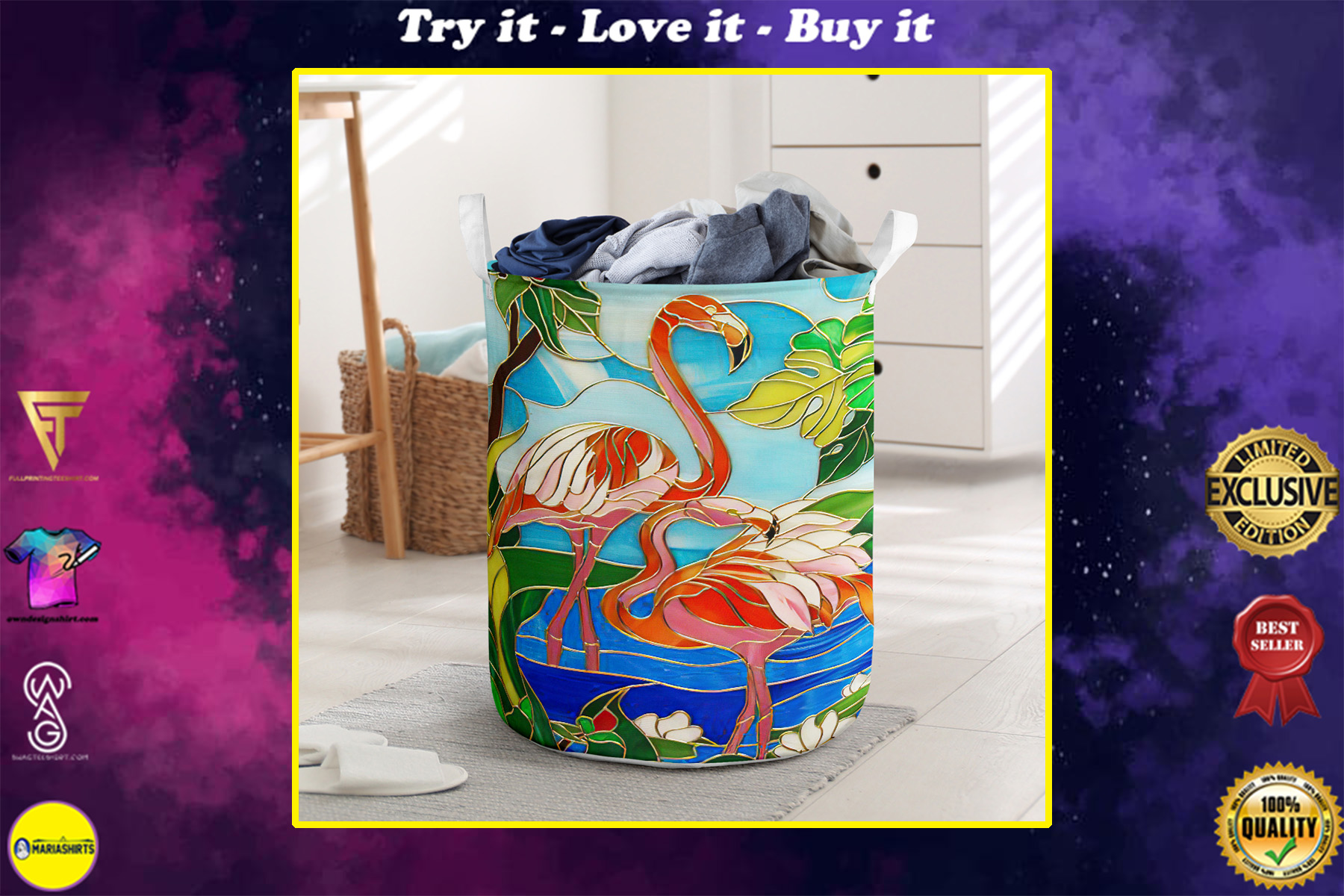 flamingo all over printed laundry basket
