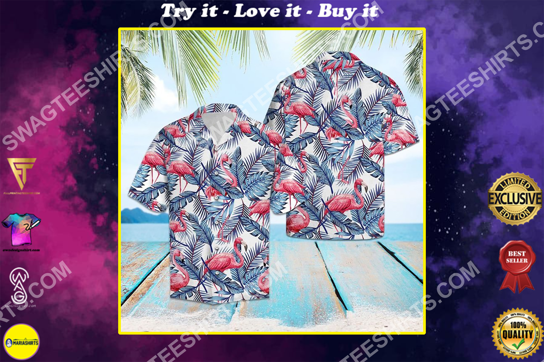 flamingo blue palm leaves all over printed hawaiian shirt