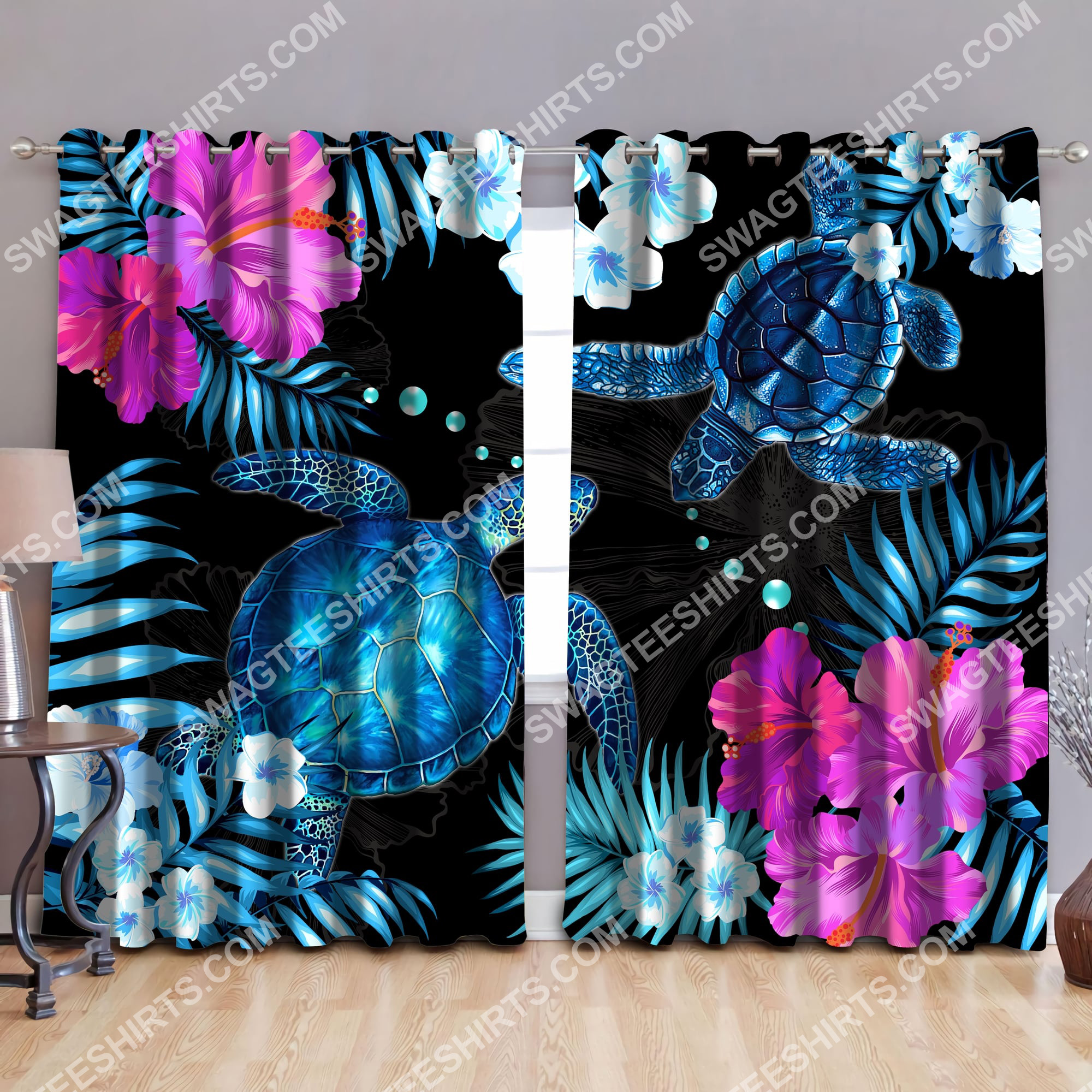 floral sea turtle all over printed window curtains 3 - Copy (2)