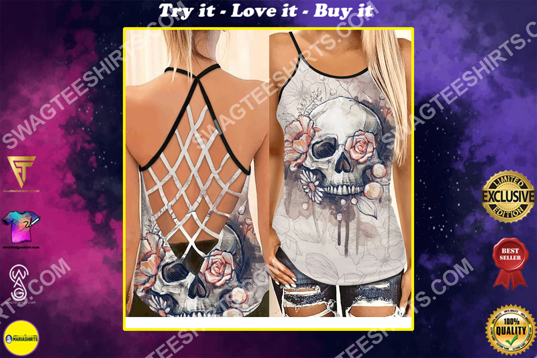 floral skull all over printed strappy back tank top