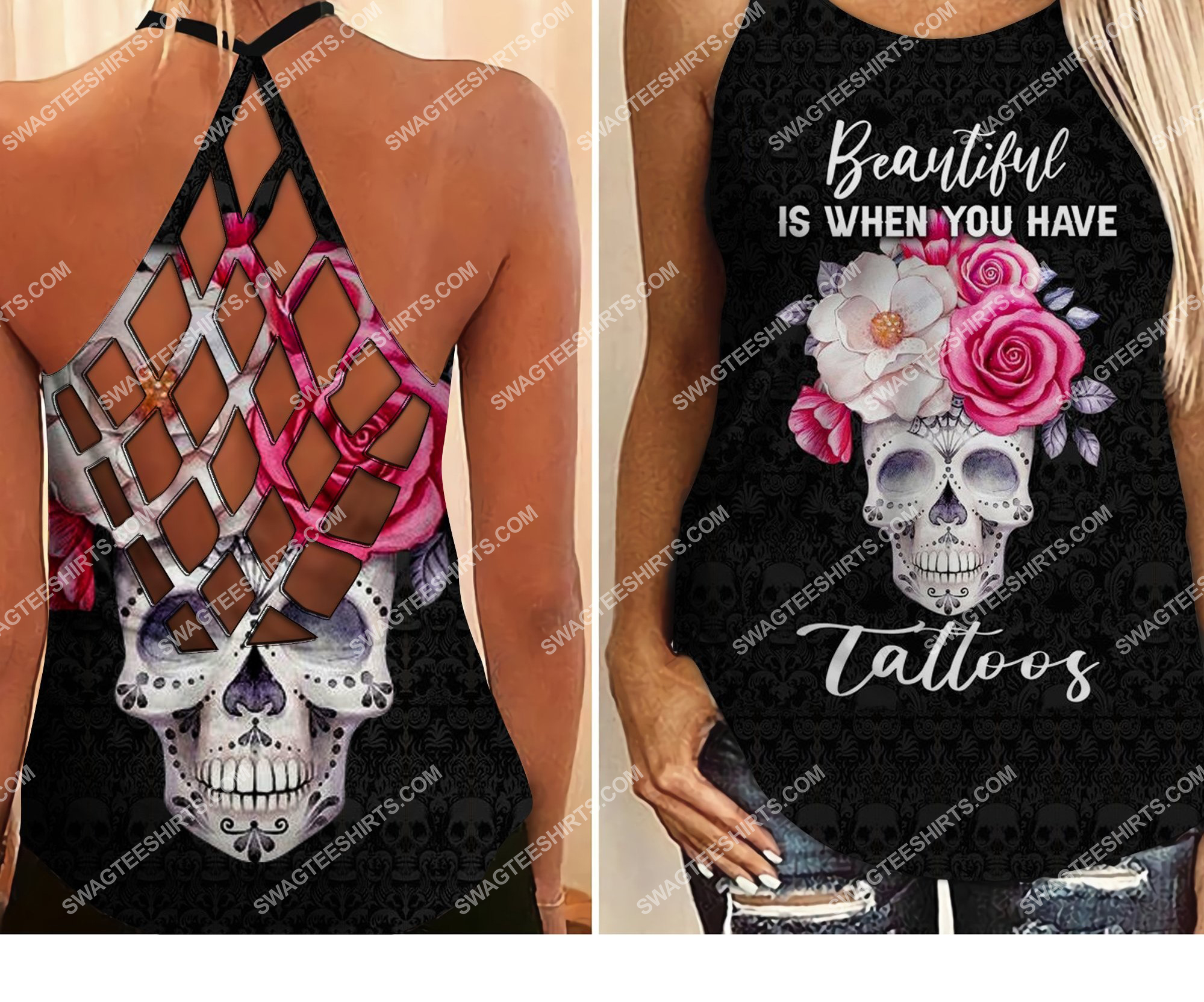 floral skull beautiful is when you have tattoos strappy back tank top 2 - Copy (2)