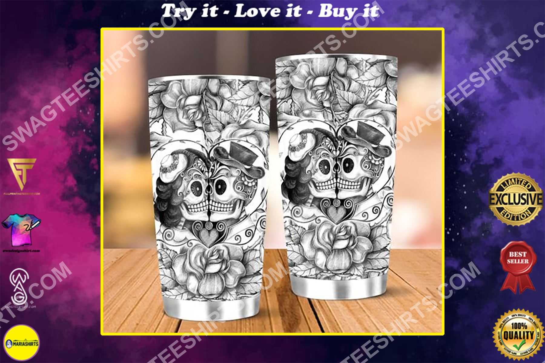 floral skull lover all over printed stainless steel tumbler