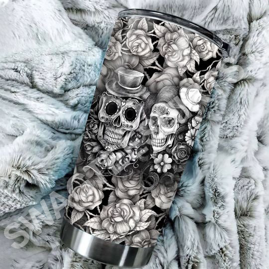 floral sugar skull all over printed stainless steel tumbler 2(1)