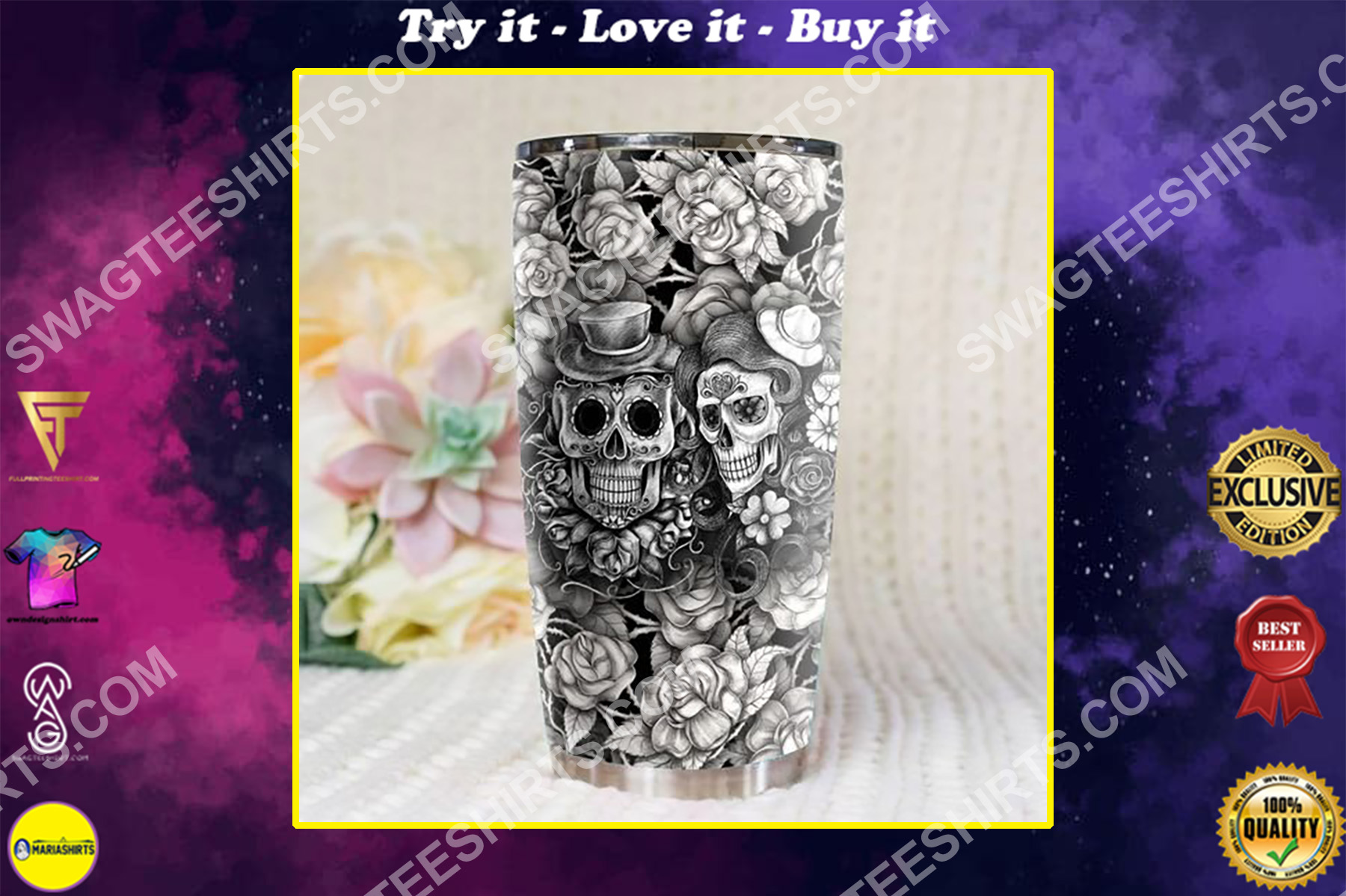 floral sugar skull all over printed stainless steel tumbler