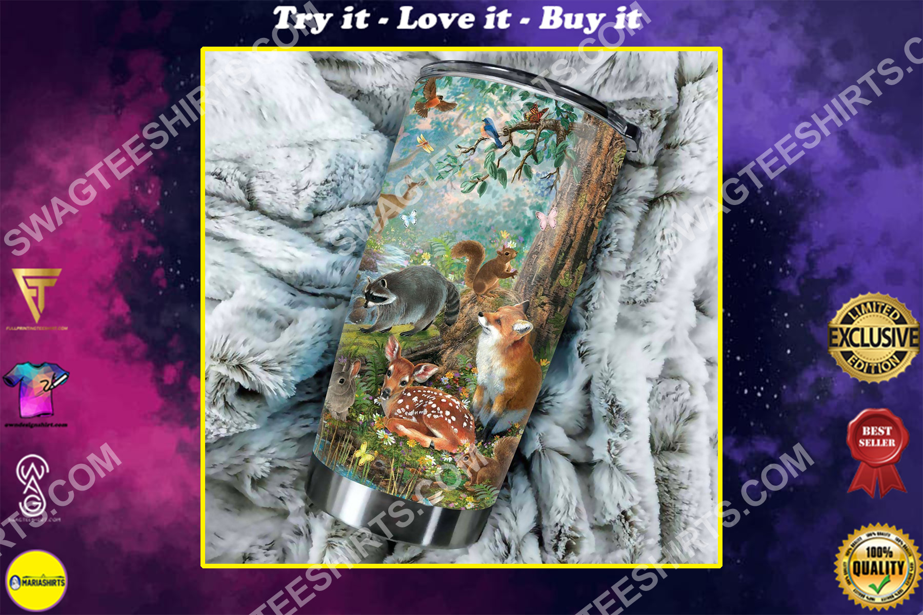 forest animals all over printed stainless steel tumbler