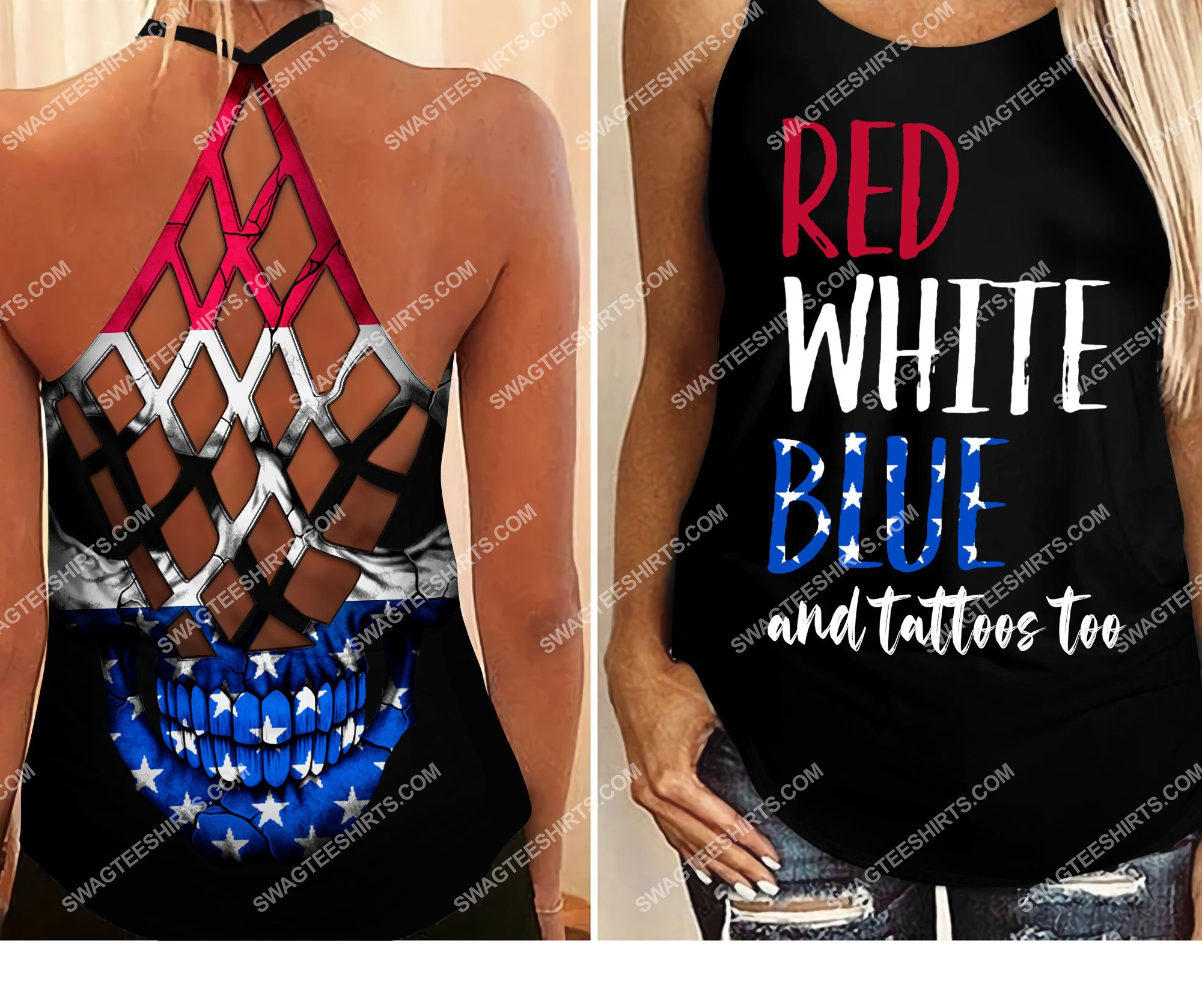 fourth of july red white blue and tattoos too all over printed strappy back tank top 2 - Copy (2)
