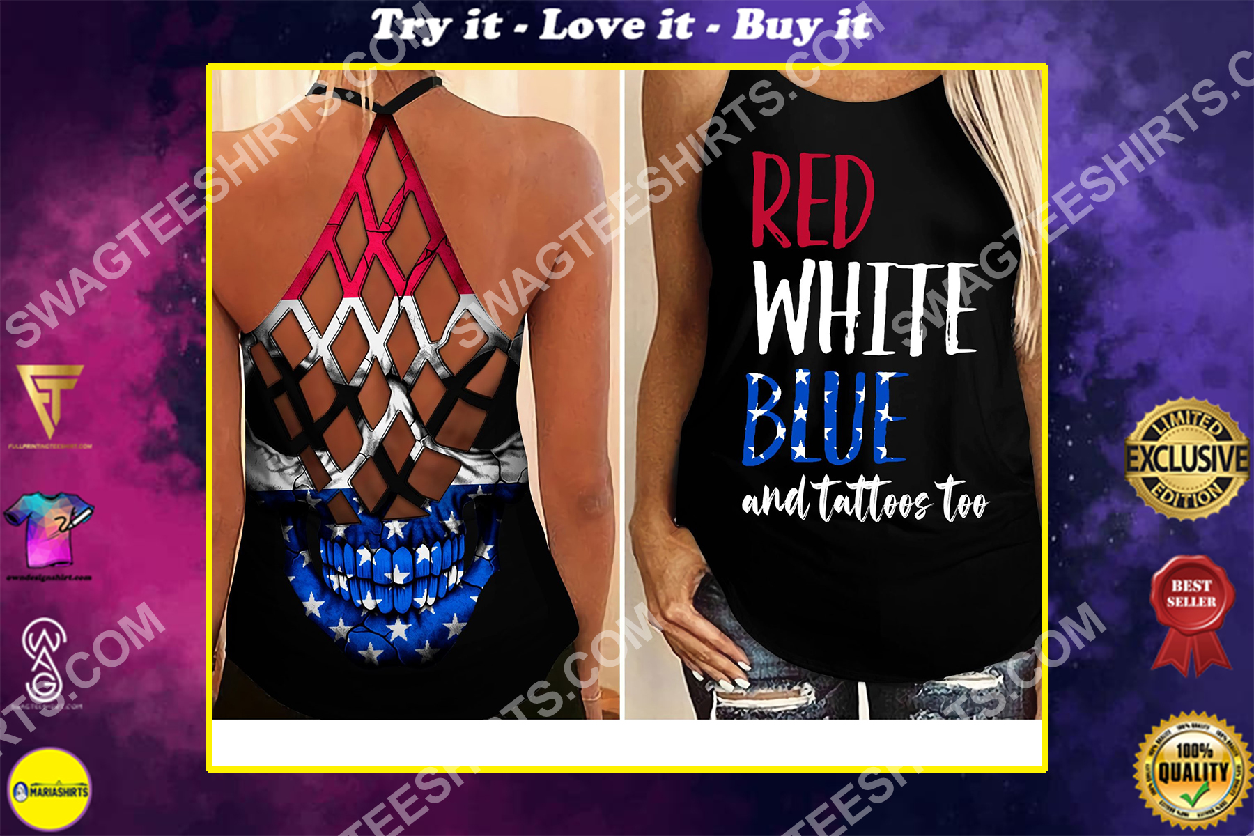 fourth of july red white blue and tattoos too all over printed strappy back tank top