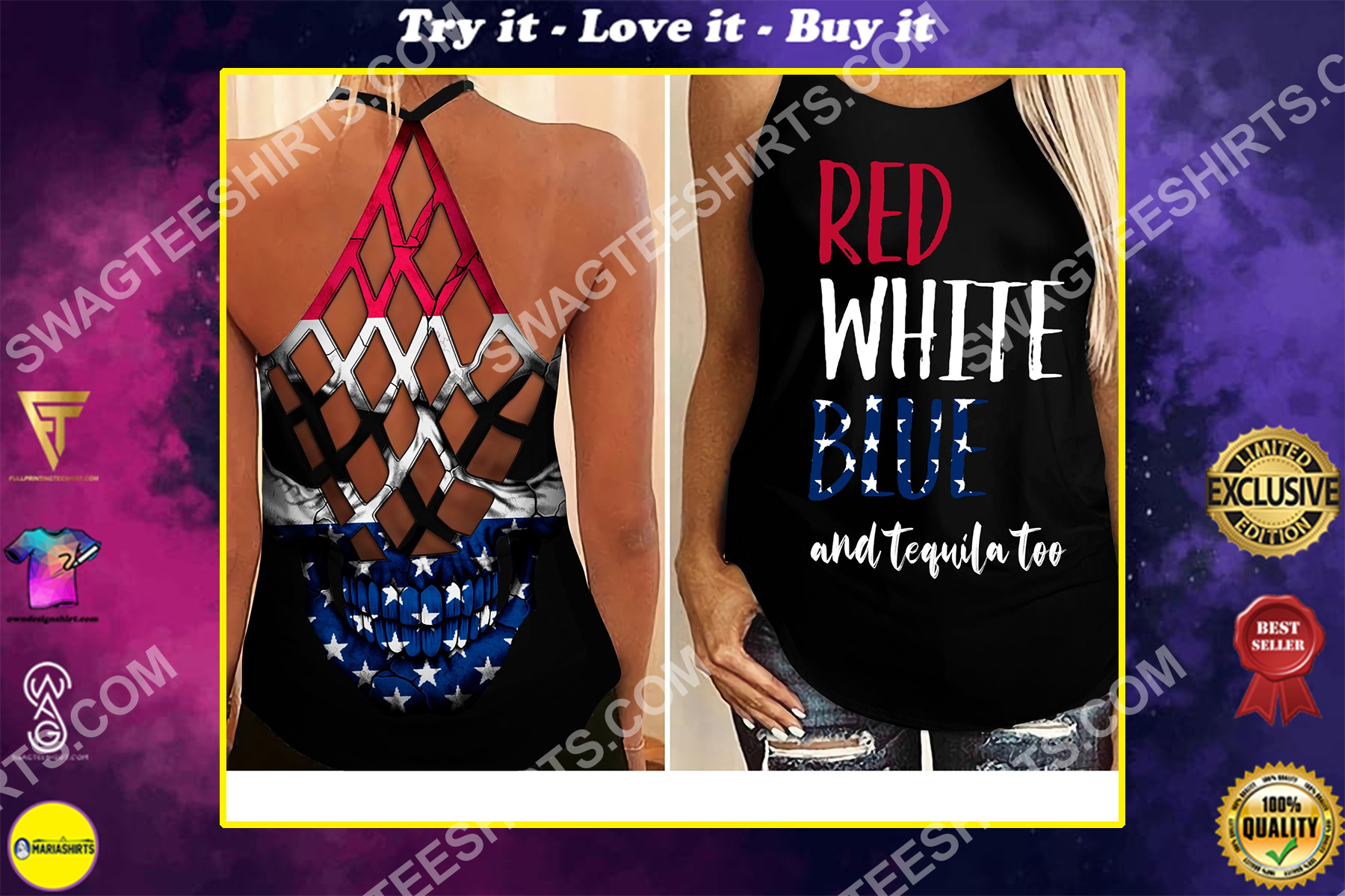 fourth of july red white blue and tequila too all over printed strappy back tank top
