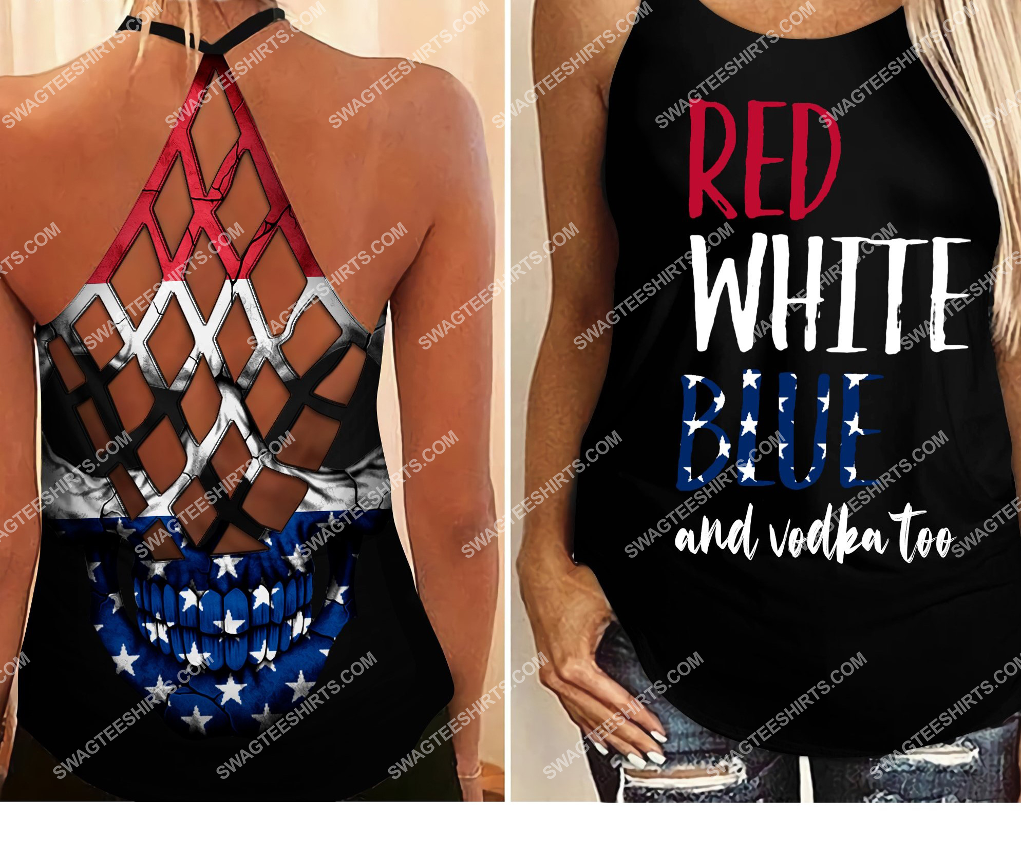 fourth of july red white blue and vodka too all over printed strappy back tank top 2 - Copy