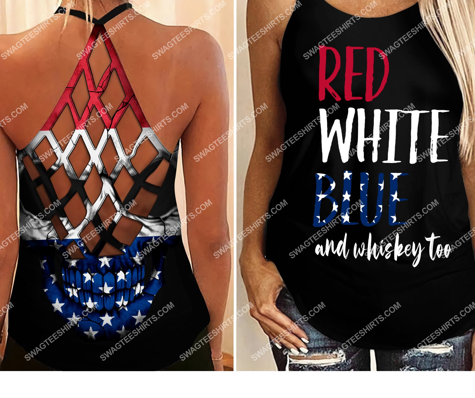 fourth of july red white blue and whiskey too all over printed strappy back tank top 2 - Copy (2)