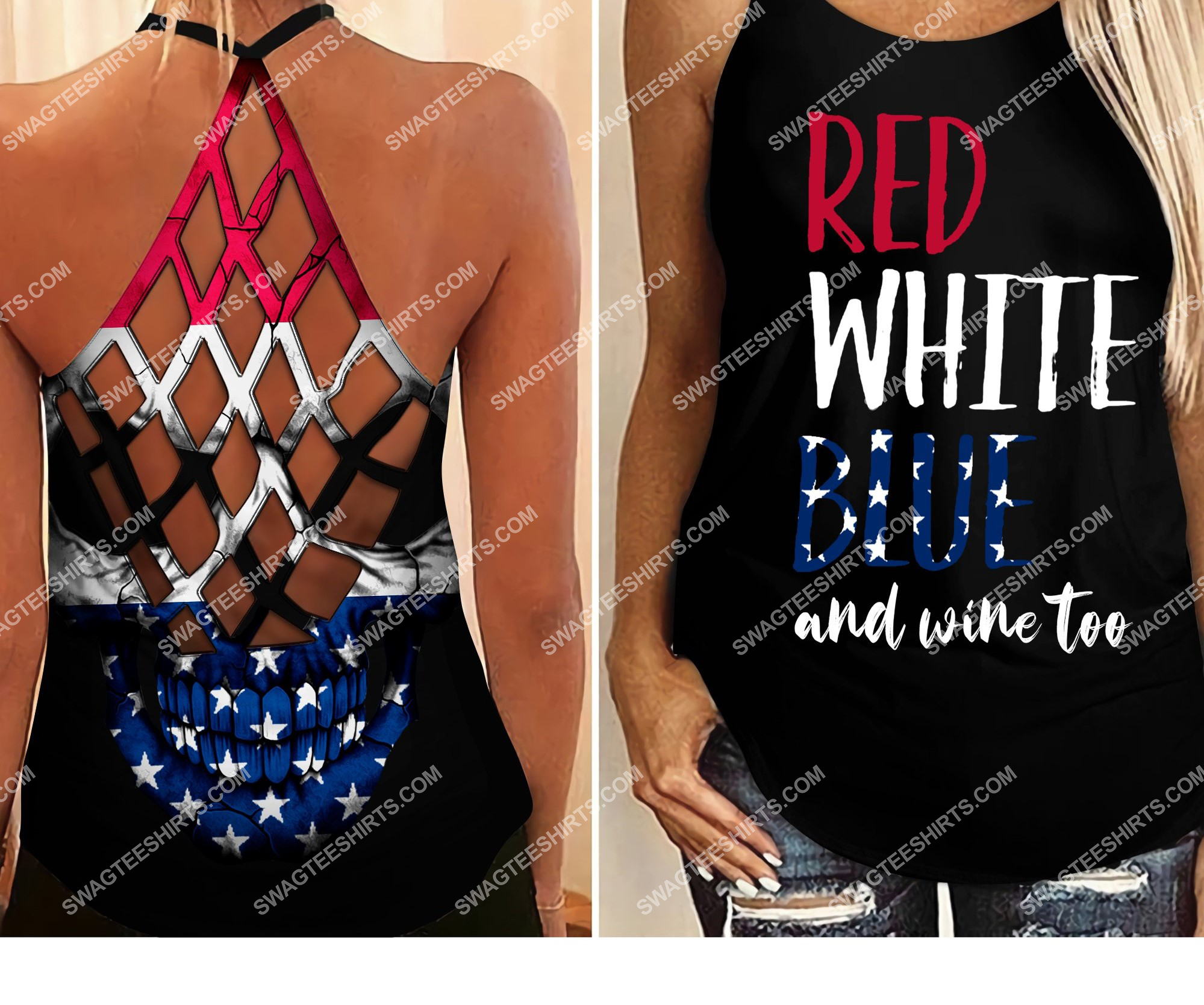 fourth of july red white blue and wine too all over printed strappy back tank top 2 - Copy (2)