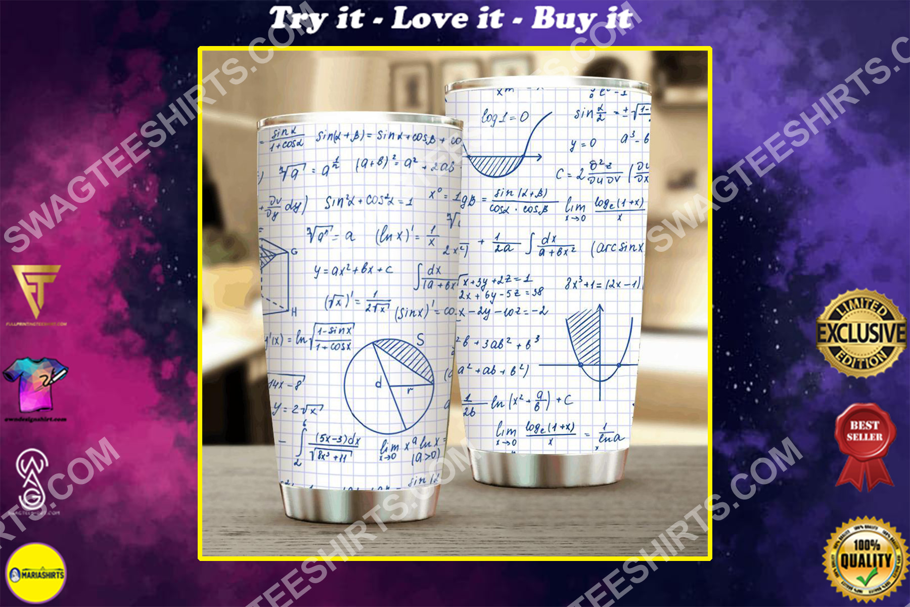 graph paper math problems all over printed stainless steel tumbler