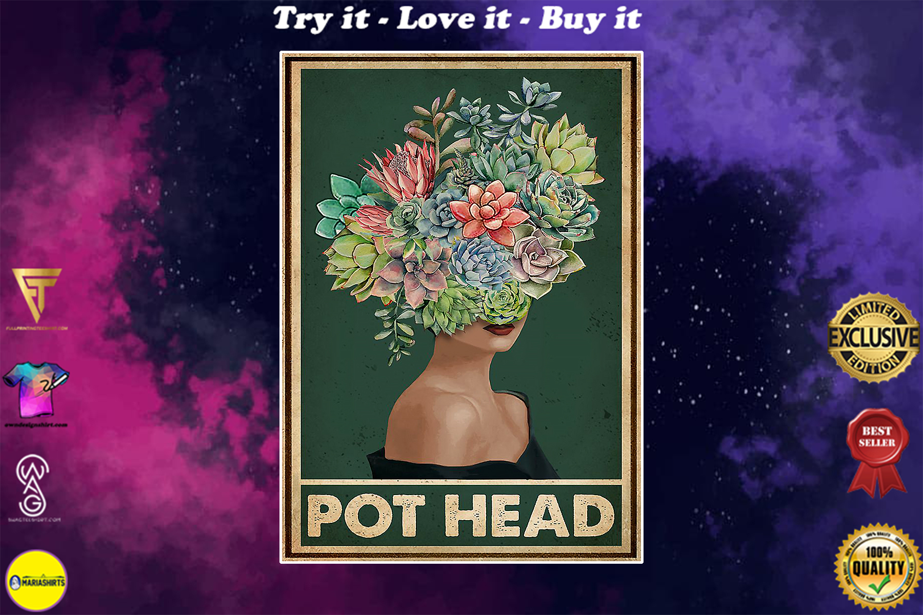 green pot head succulent vintage poster