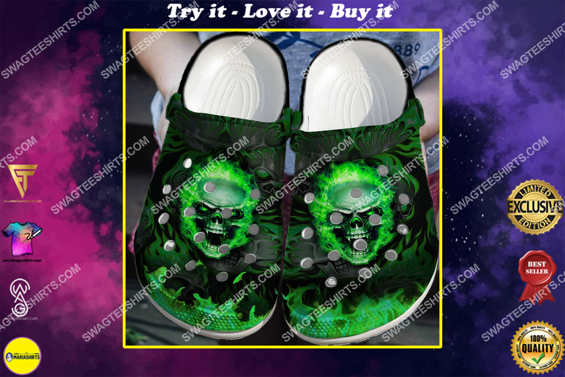 green skull and fire all over printed crocs
