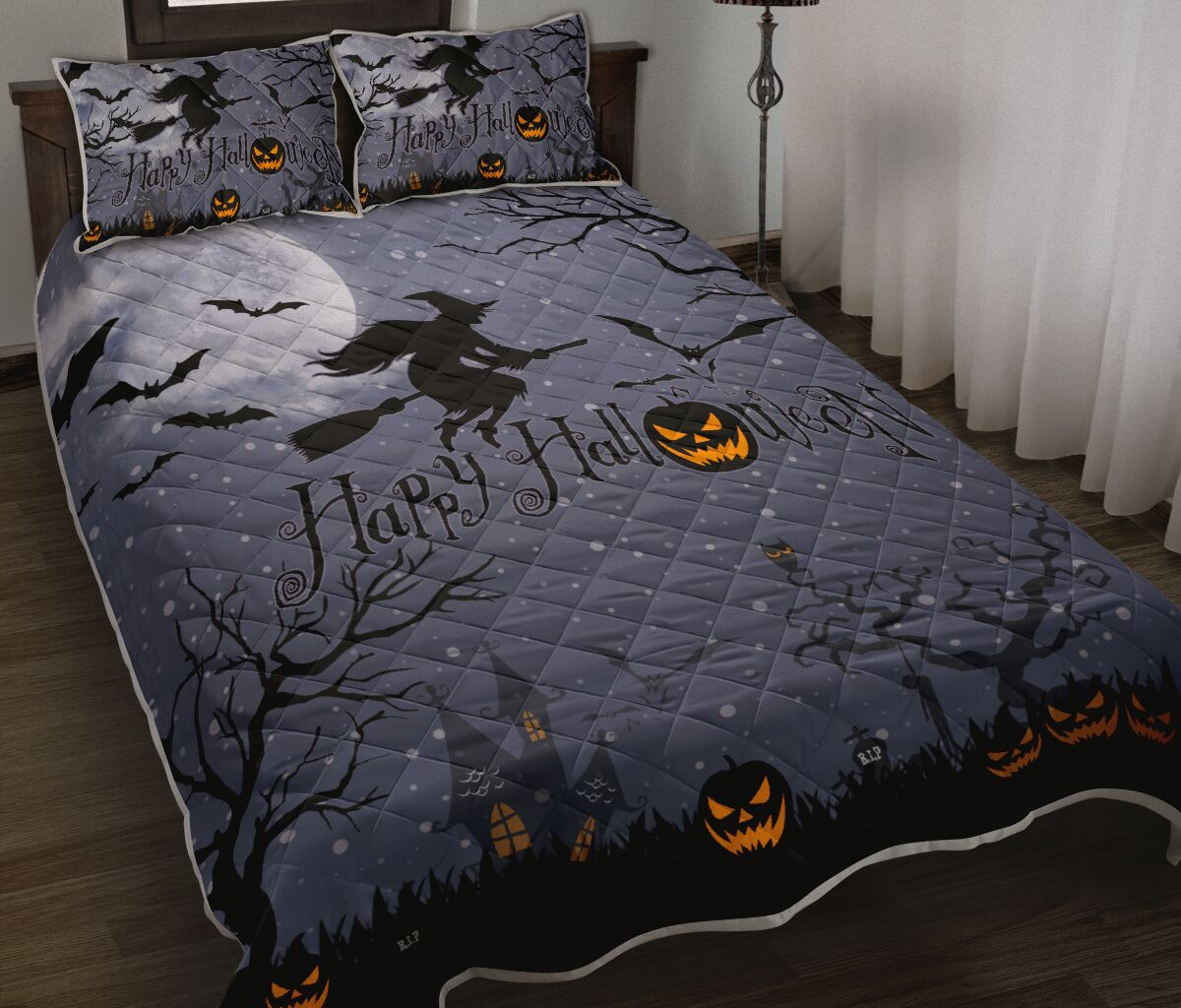 happy halloween witch and pumpkin full printing bedding set 2