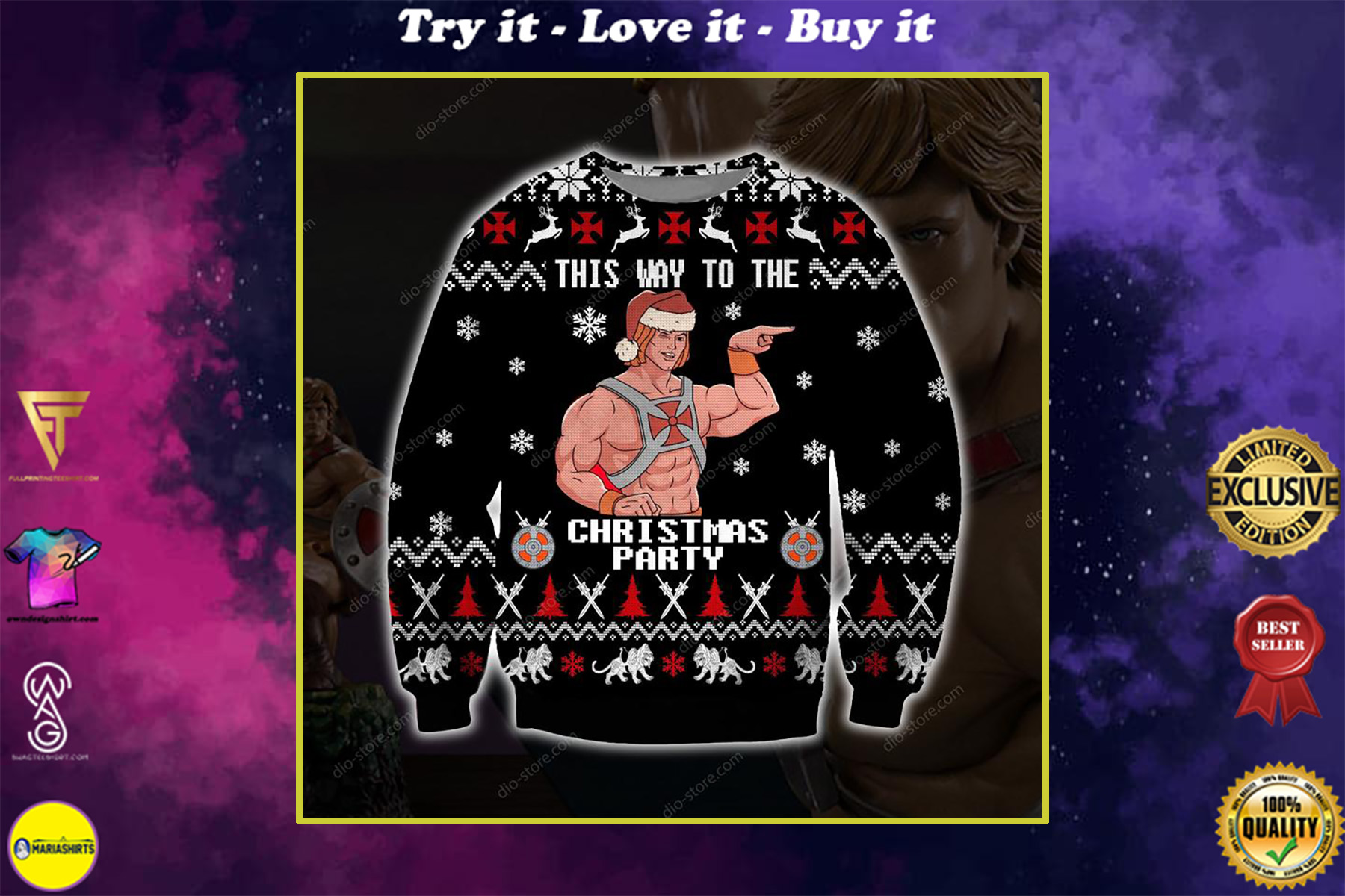 he-man this way to the christmas party all over printed ugly christmas sweater