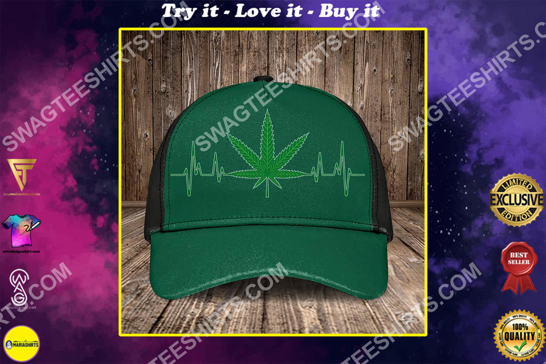 heartbeat and cannabis leaf all over printed classic cap