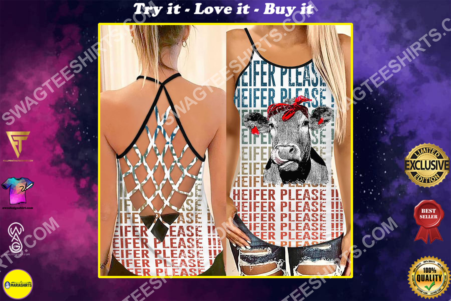 heifer please all over printed strappy back tank top