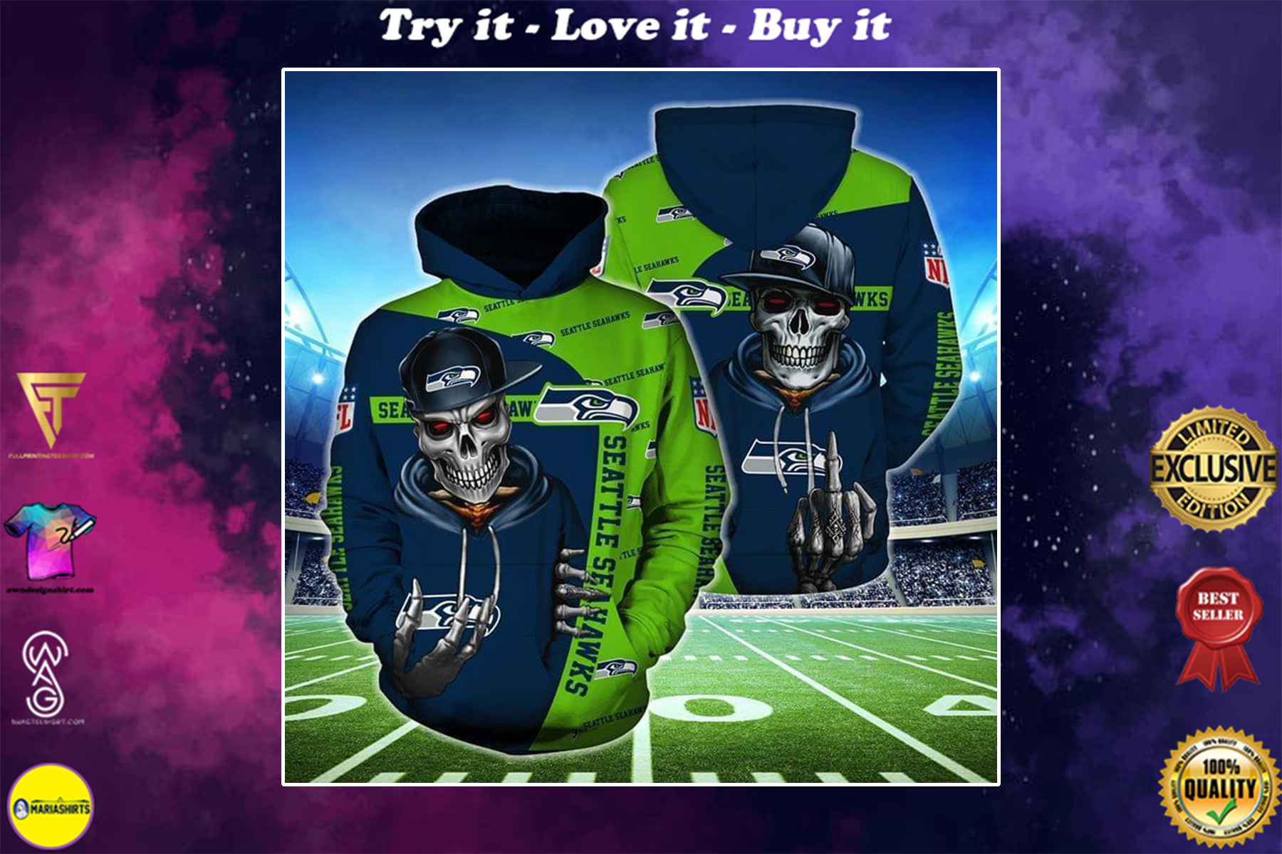 hip hop skull seattle seahawks football team full over printed shirt