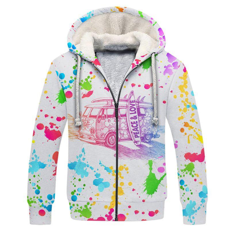 hippie colorful van peace and love all over printed fleece hoodie