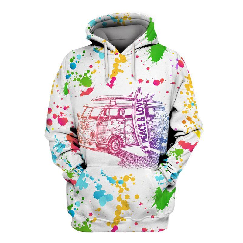 hippie colorful van peace and love all over printed hoodie