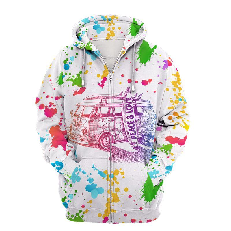 hippie colorful van peace and love all over printed zip hoodie