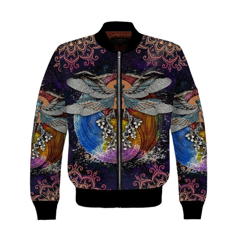 hippie dragonfly with mandala all over printed bomber