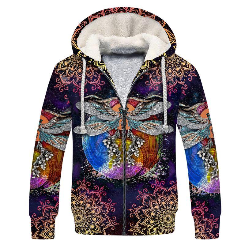 hippie dragonfly with mandala all over printed fleece hoodie