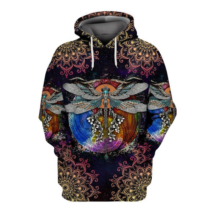 hippie dragonfly with mandala all over printed hoodie