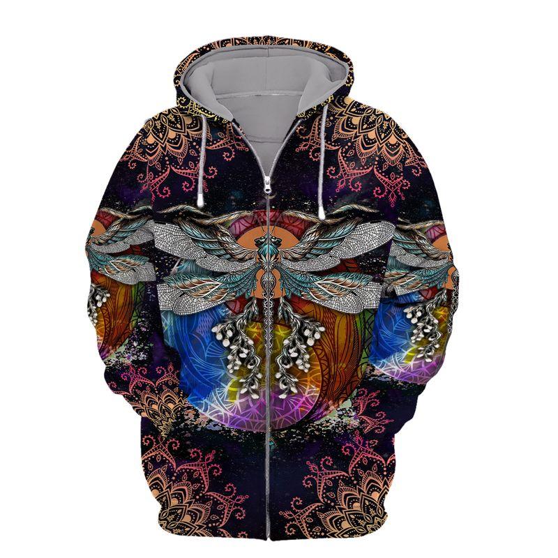 hippie dragonfly with mandala all over printed zip hoodie