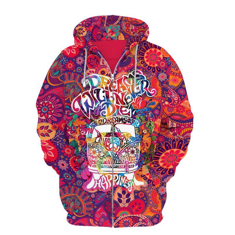 hippie dream will never die all over printed zip hoodie