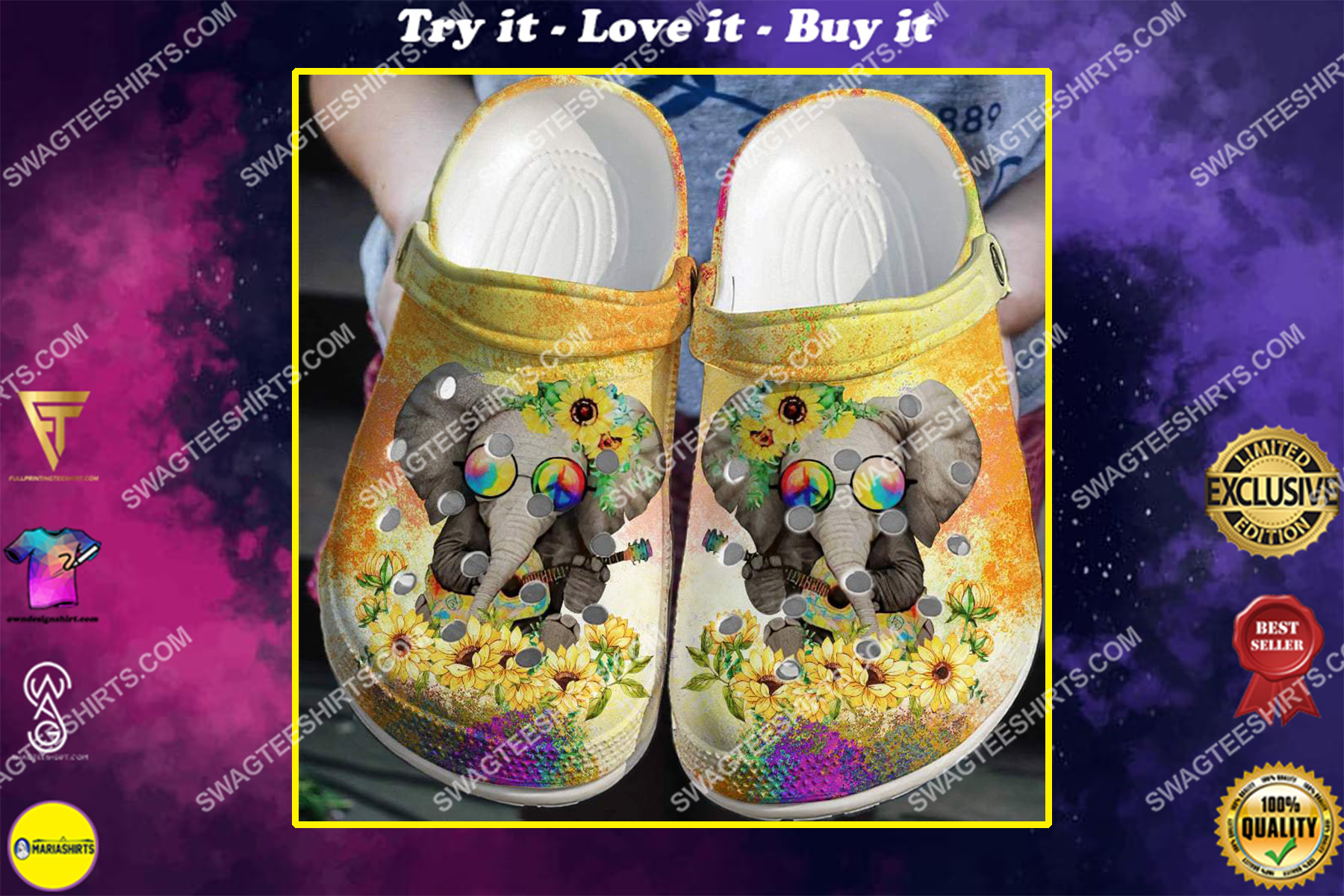 hippie elephant and sunflower all over printed crocs