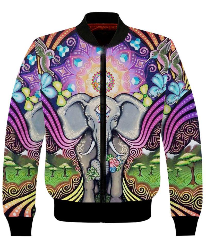 hippie elephant with mandala all over printed bomber