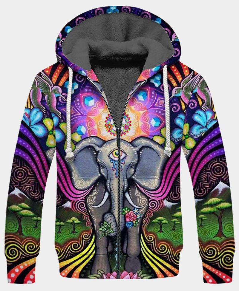 hippie elephant with mandala all over printed fleece hoodie
