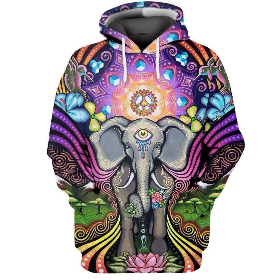 hippie elephant with mandala all over printed hoodie