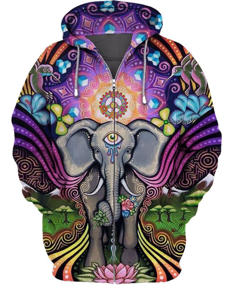 hippie elephant with mandala all over printed zip hoodie