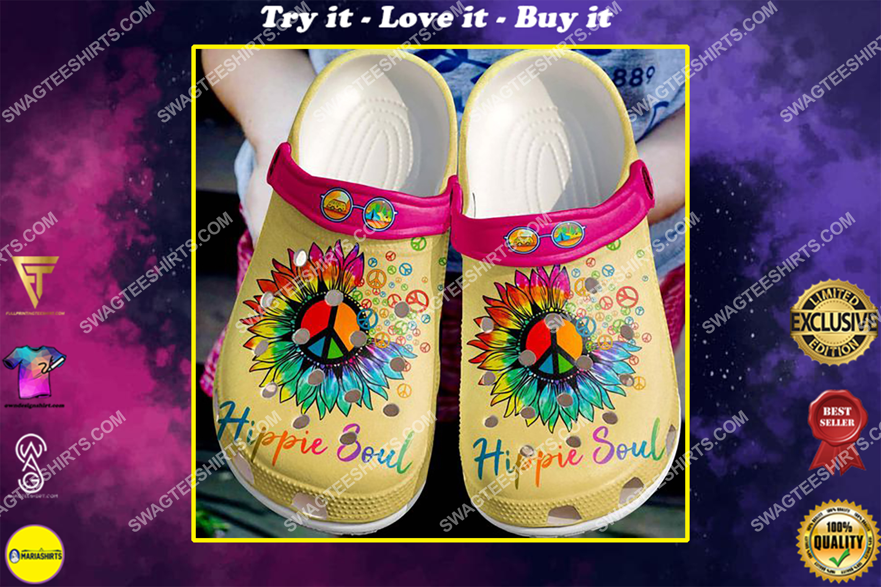 hippie soul peace symbol flower all over printed crocs