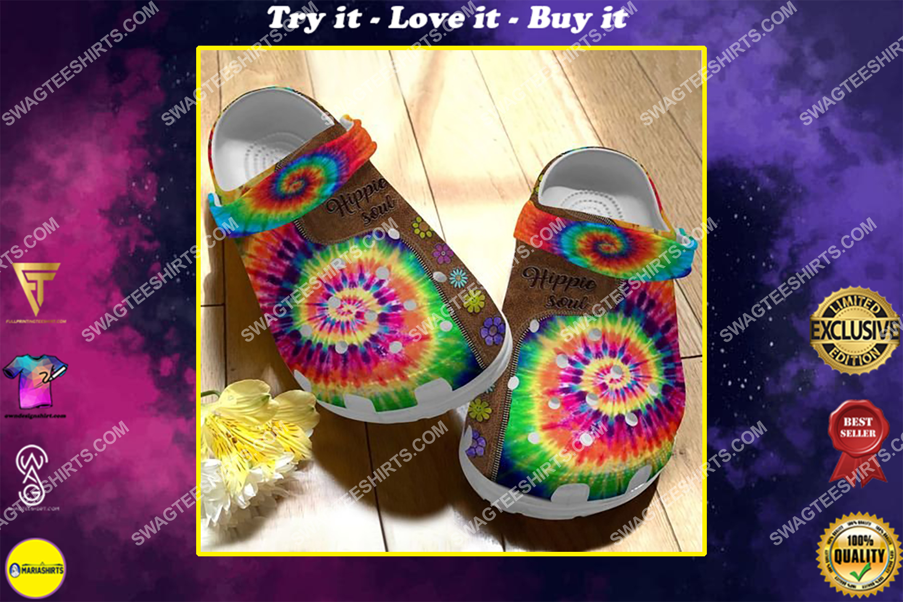 hippie tie dye colorful all over printed crocs