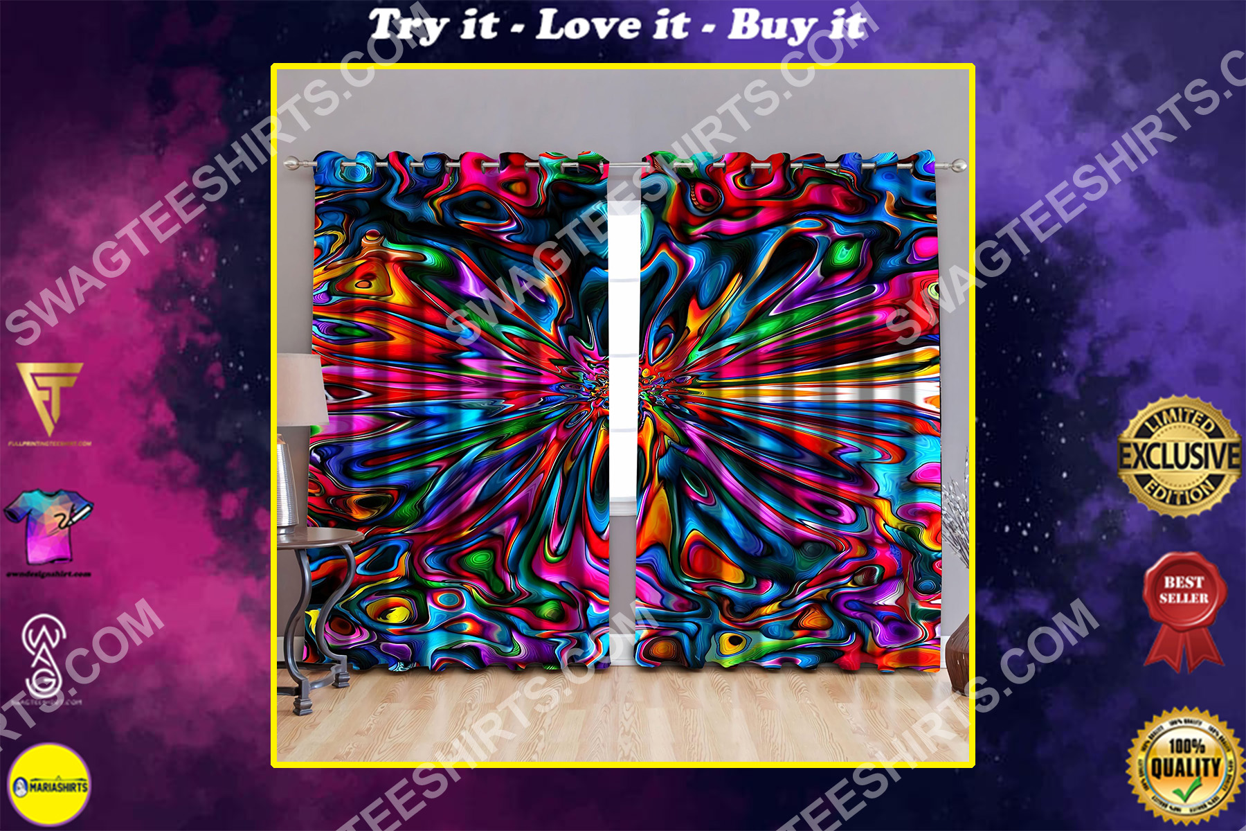 hippie tie dye colorful all over printed window curtains