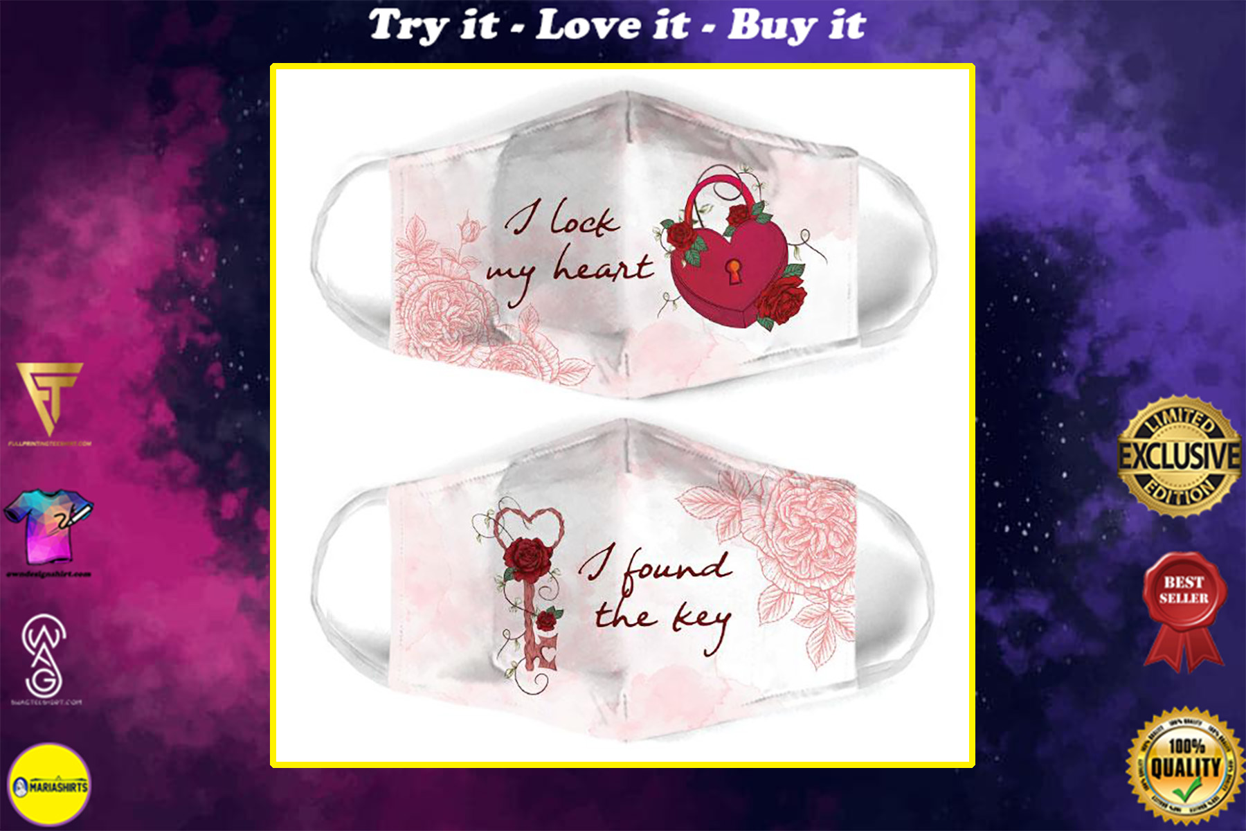 i lock my heart for couple love all over print face mask