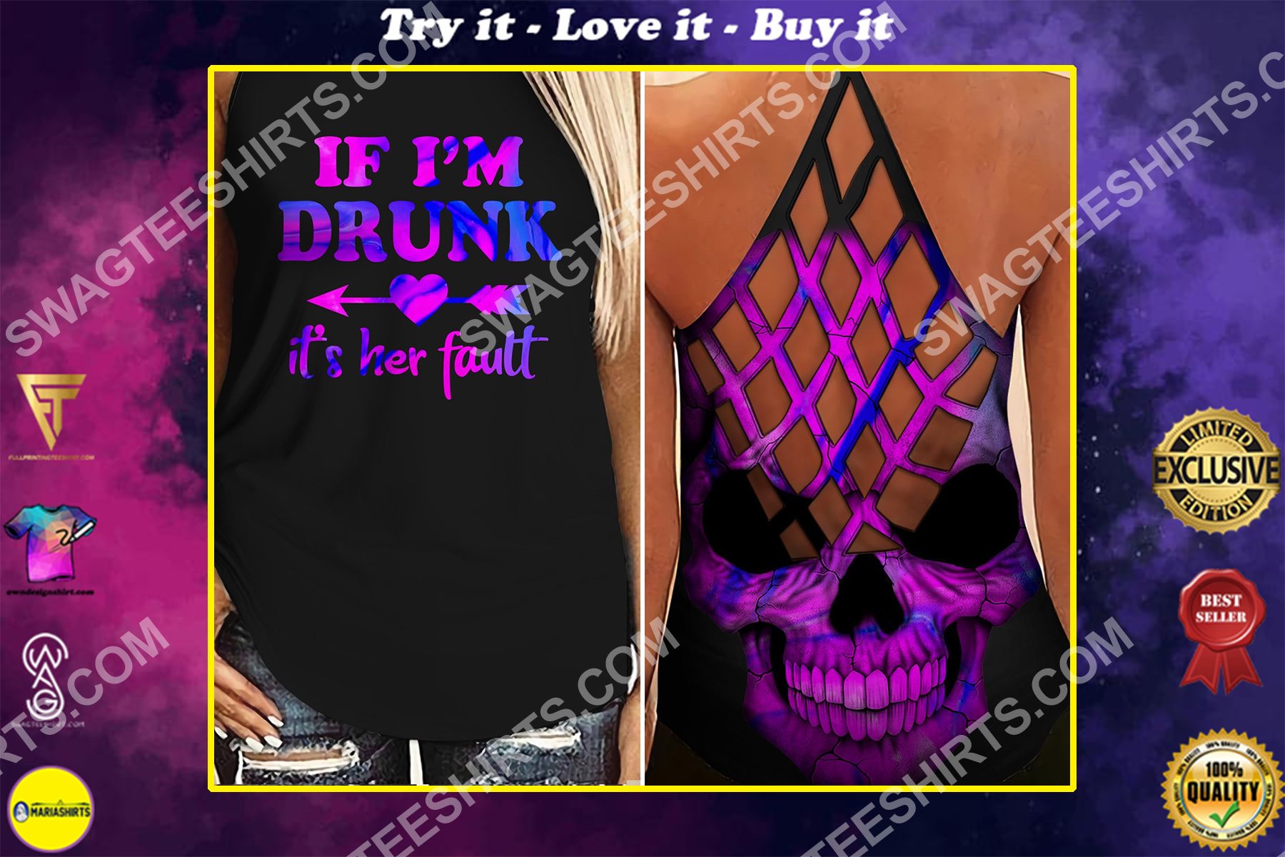 if i'm drunk it's her fault all over printed strappy back tank top