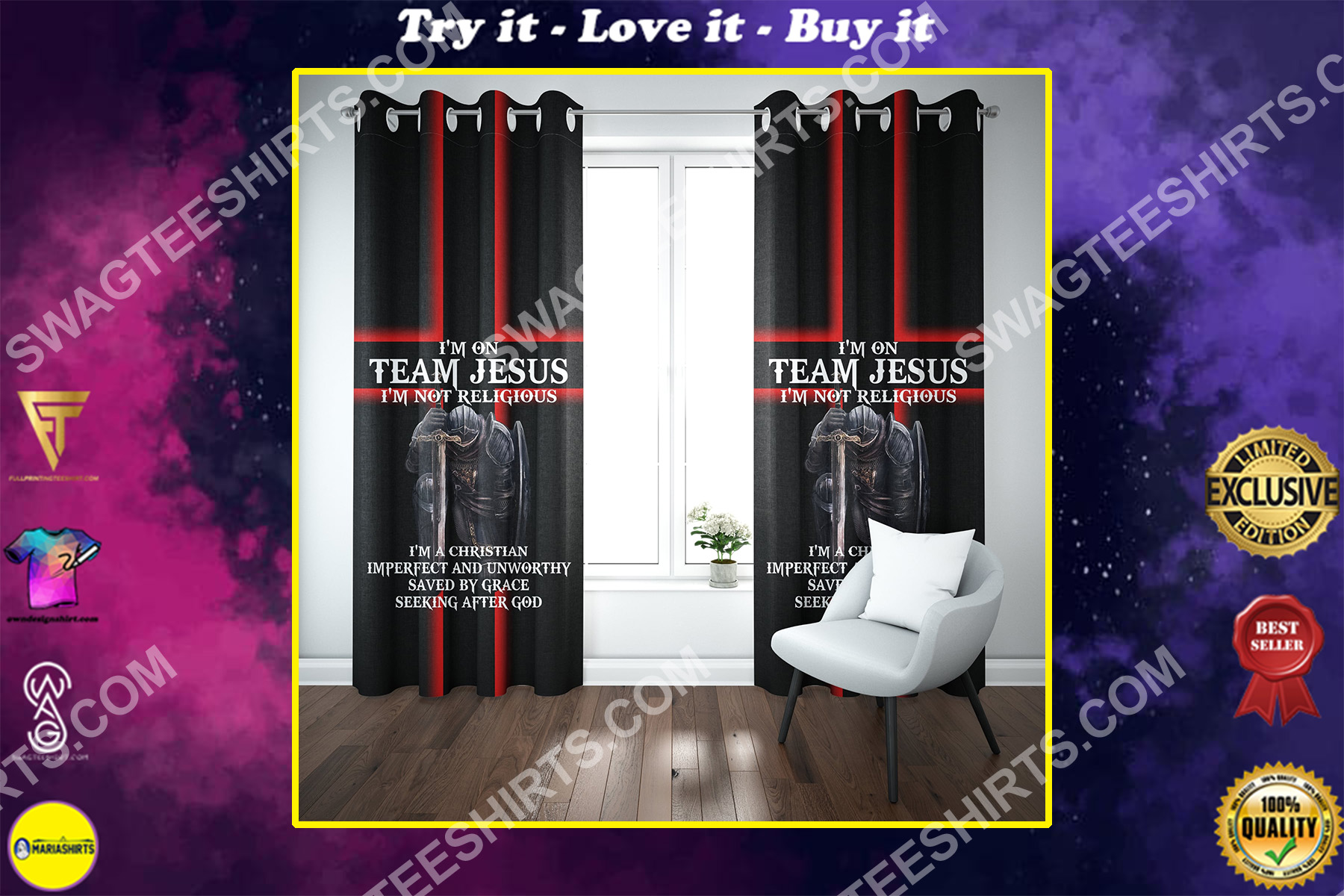 i'm on team Jesus i'm not religious all over printed window curtains