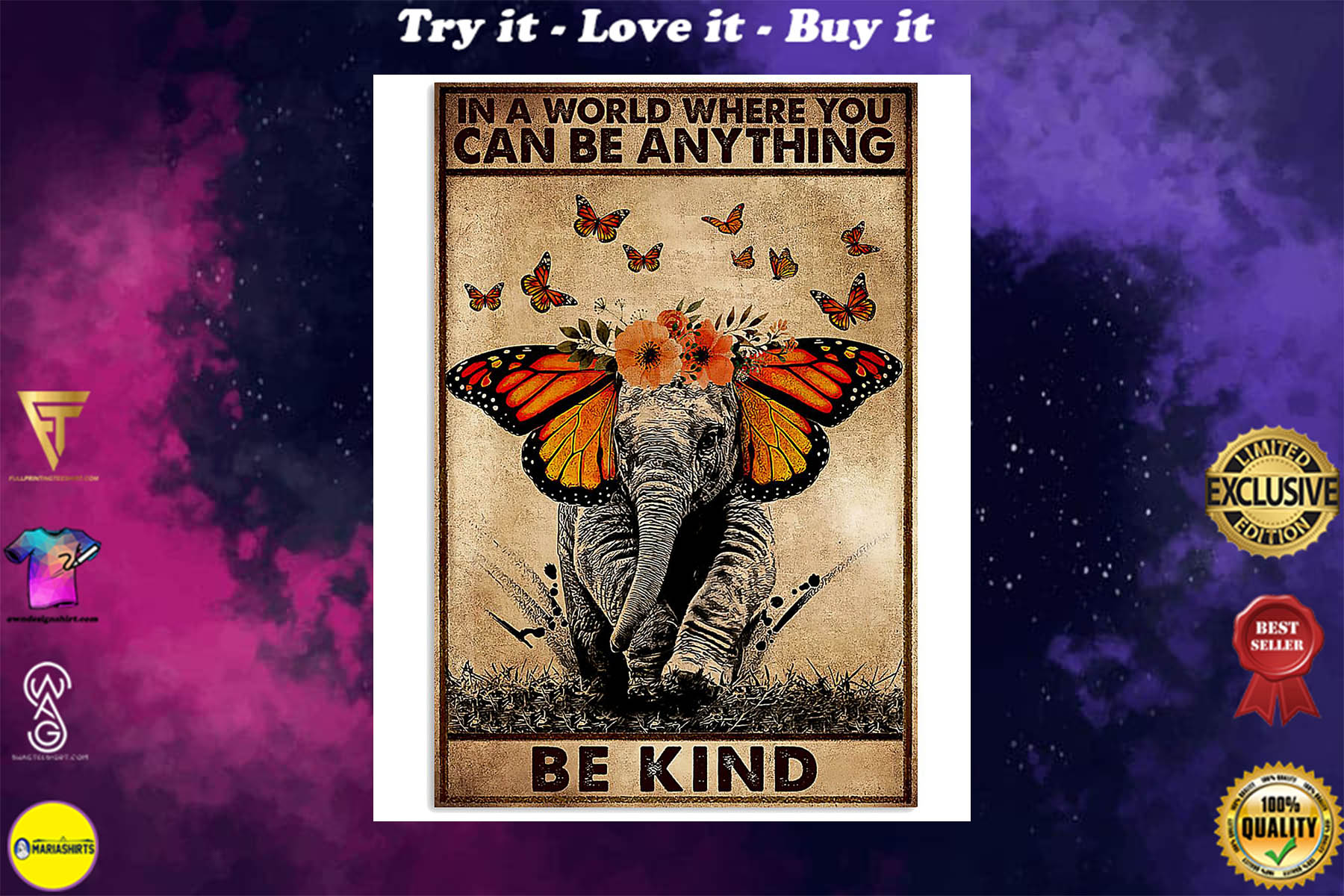 in a world where you can be anything be kind elephant retro poster