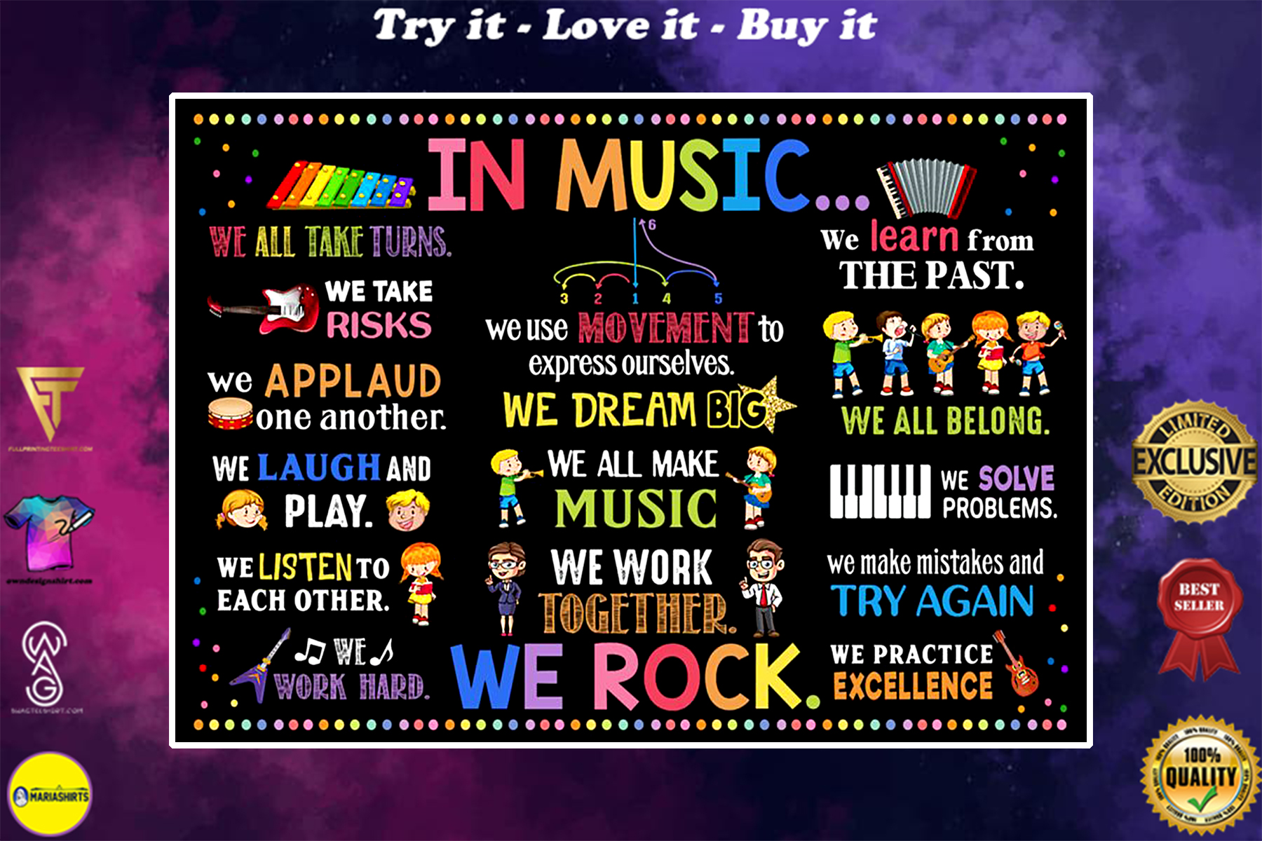 in music we all make music we work together we rock poster